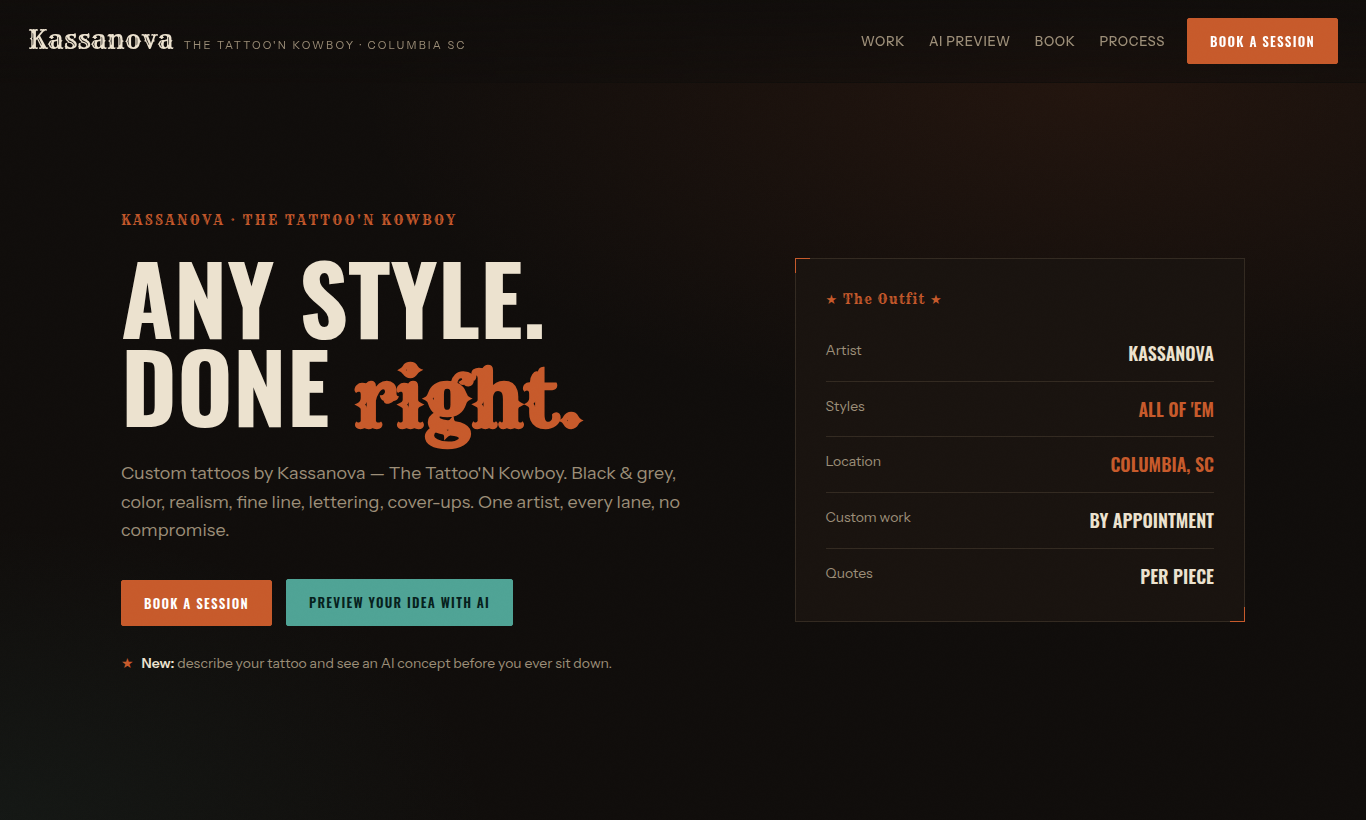 Kassanova tattoo studio site with AI mockups